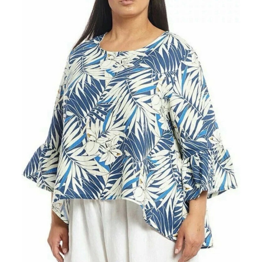 Bryn Walker Fran Italian Palmo Blue Print Linen Bell Sleeve Tunic Small